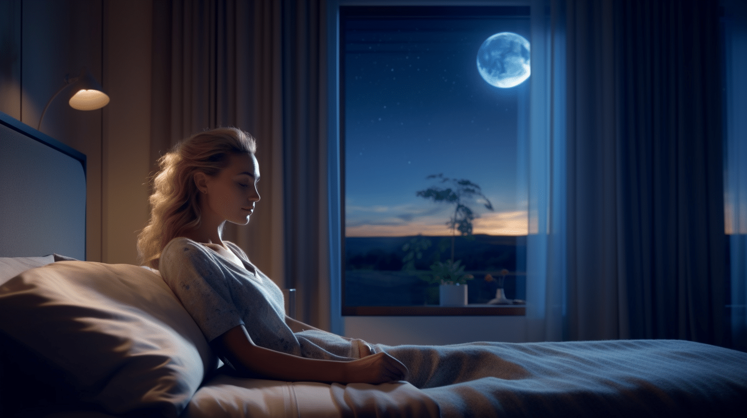 A serene nighttime image of a woman sleeping peacefully, her face bathed in gentle moonlight streaming in through the window, set in a room filled with calming blues and silvers.