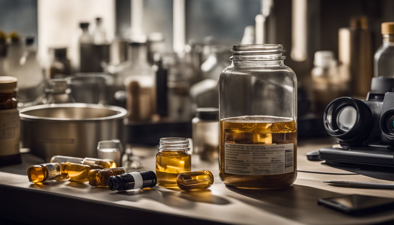 A bottle of supplements on a lab table with laboratory equipment.