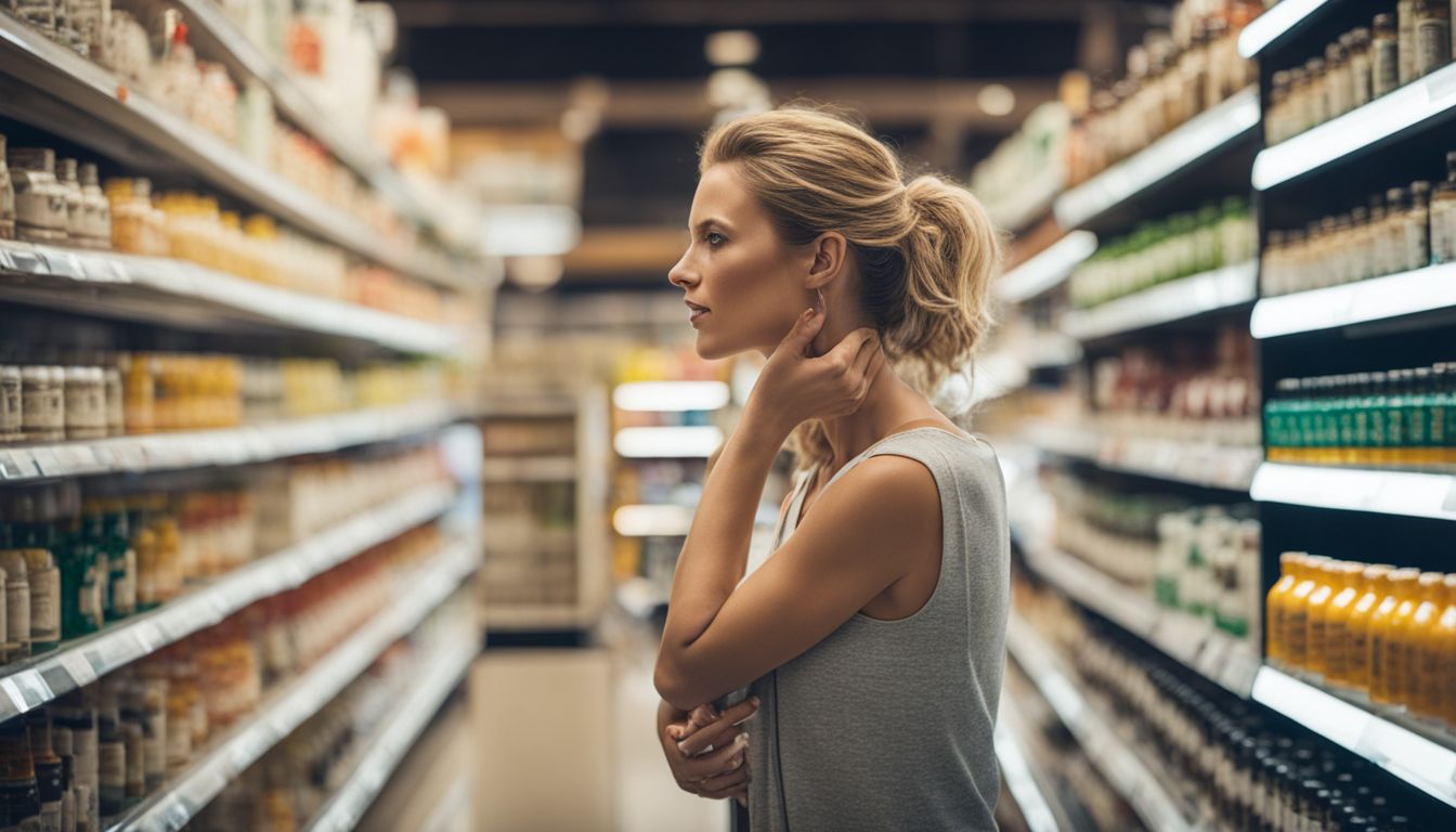A woman comparing vitamin bottles in a health store aisle. A woman comparing vitamin bottles in a vitamin supplement store aisle.