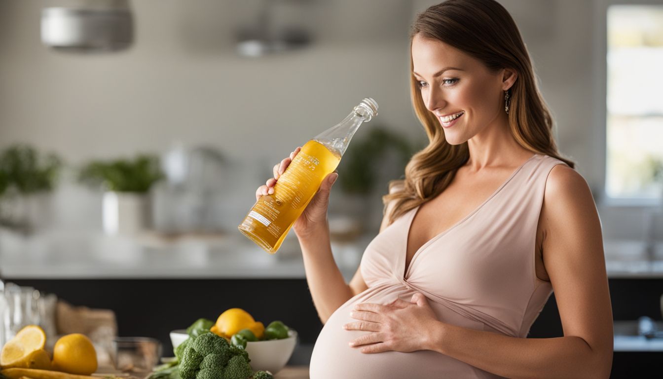 A pregnant woman holding bottles of folic acid and vitamin D.