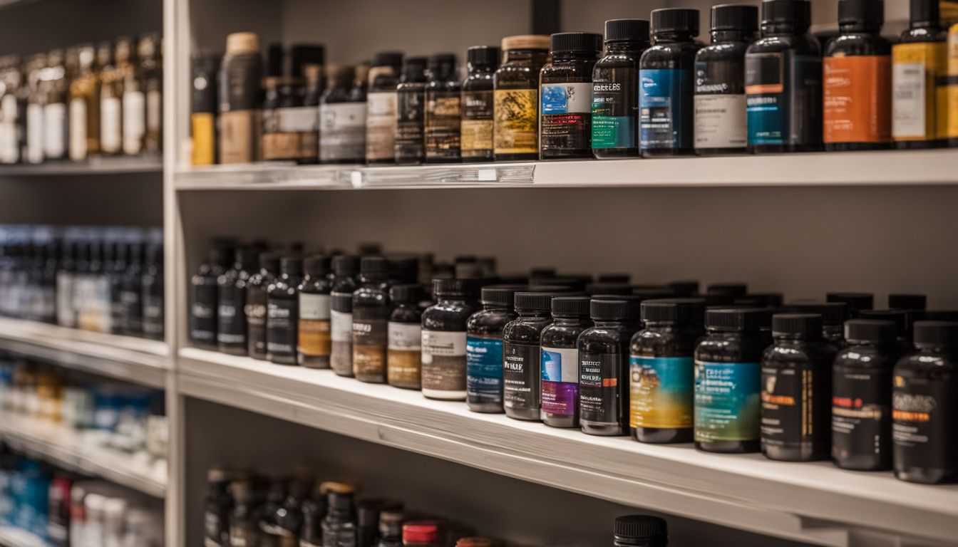  Best Online Supplement Store In Canada: A variety of colorful supplement bottles arranged on a modern shelf.